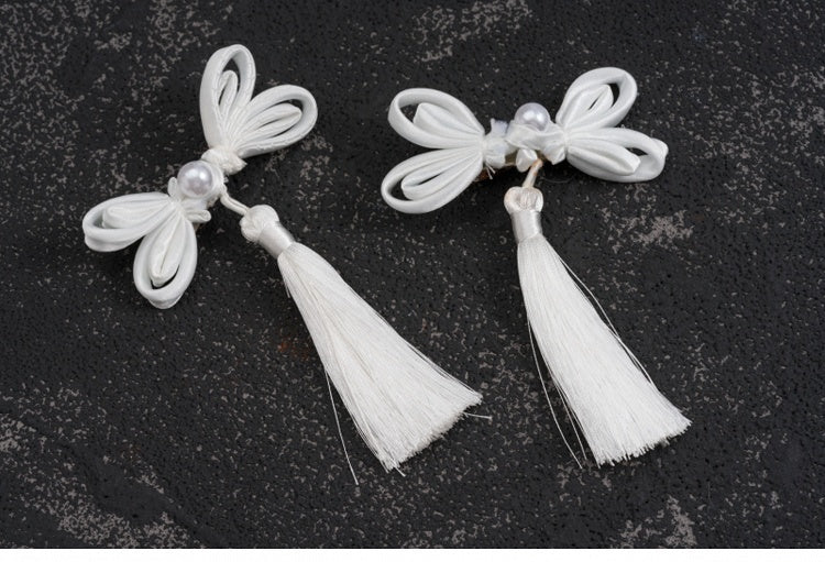 White Knot Button Tassel Hairclips