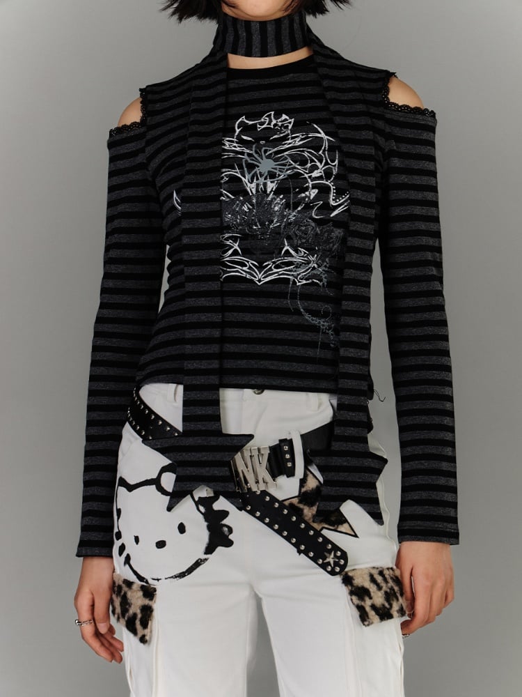 Punk Black & Gray Striped Cutout Shoulder Graphic Top with Star Scarf