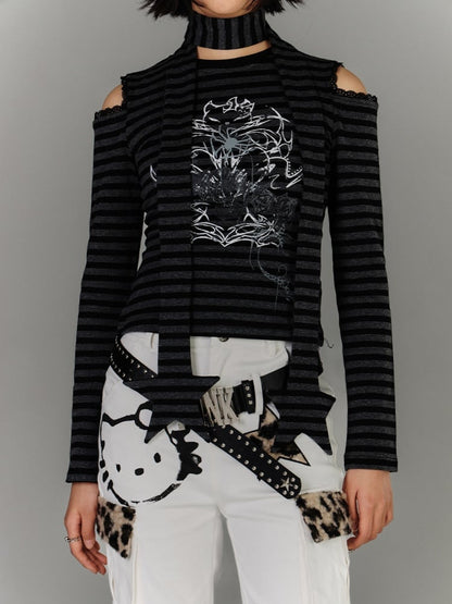 Punk Black & Gray Striped Cutout Shoulder Graphic Top with Star Scarf