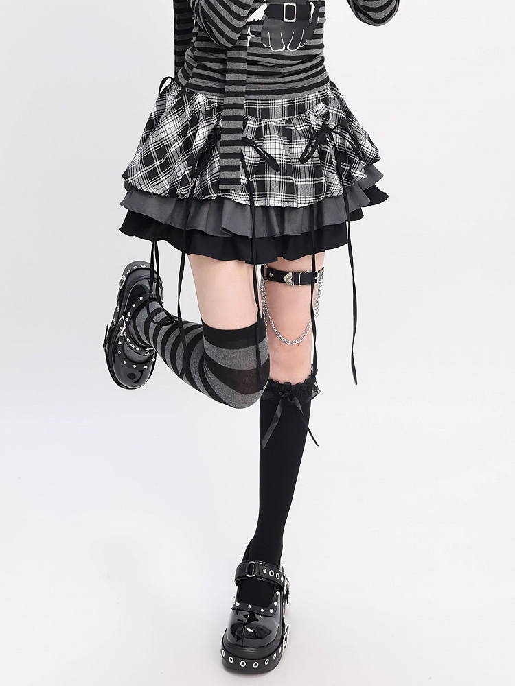 Y2K Black and White Plaid Tiered Skirt Bowknots Decoration