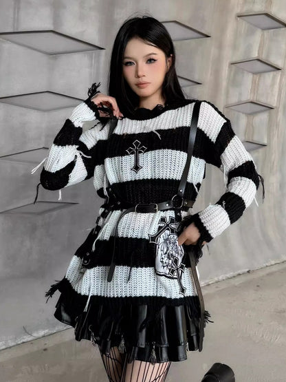 Punk Cross Applique Black and White Striped Distressed Sweater
