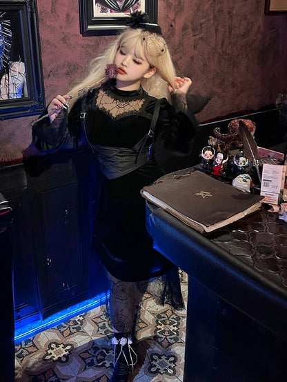 Plus Size Black Illusion Neckline Gothic Velvet Dress