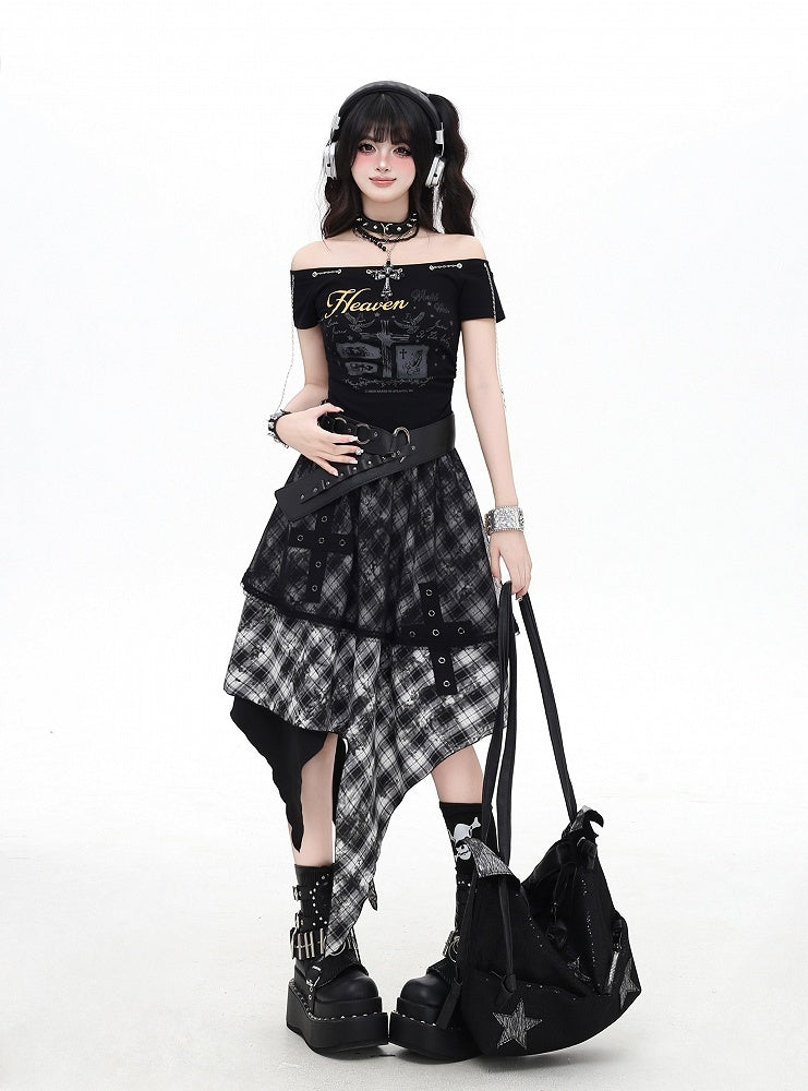 Black and White Plaid Handkerchief Hem Sleeveless Dress With Overlay Two Ways Wear