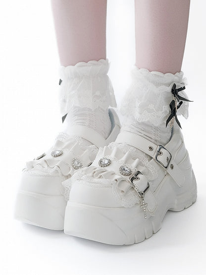 White Bittersweet Rhinestone Heart Details Cross Charm Ruffles Trim Platforms