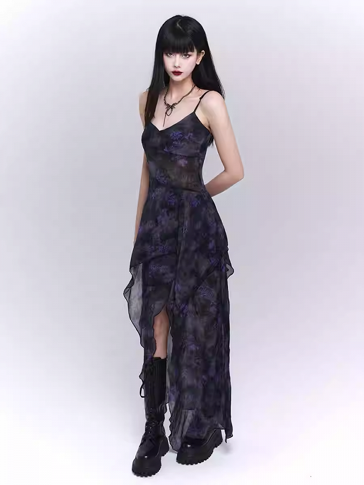 Black & Purple Floral Print Asymmetrical Hem Glamorous Cami Dress