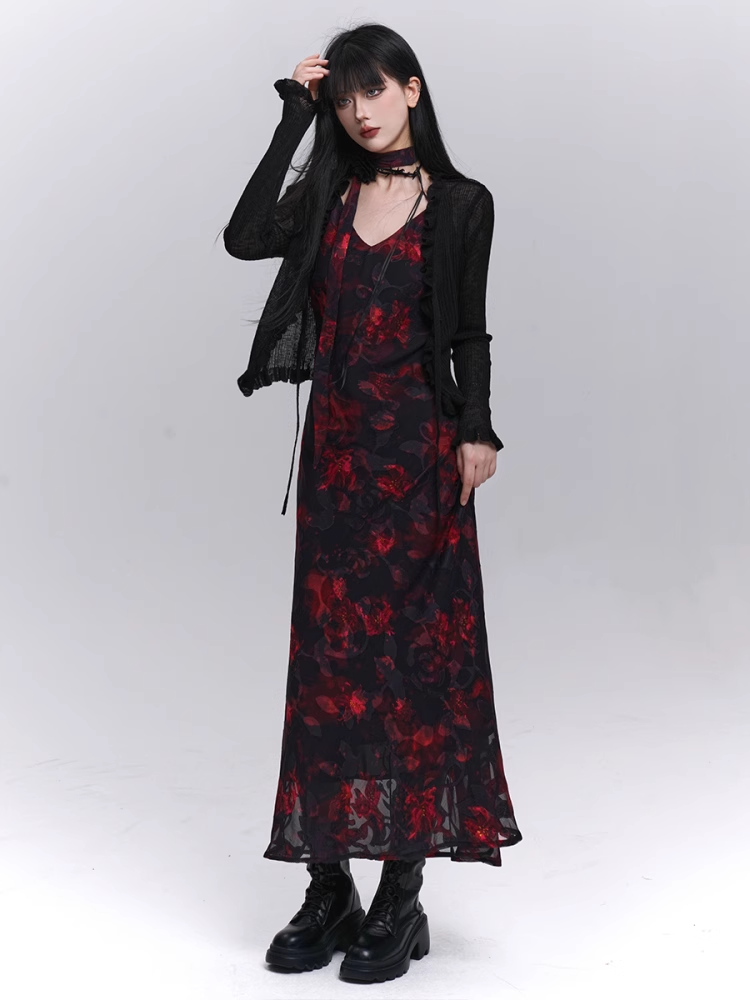 Red and Black V-Neck Ankle Length Floral Slip Dress