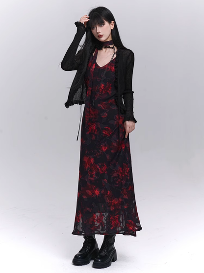 Red and Black V-Neck Ankle Length Floral Slip Dress