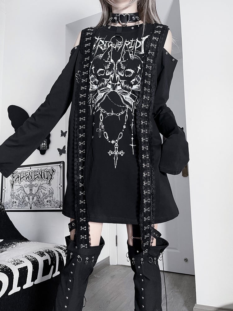 Black&White Emo Punk Cutout Shoulder Skeleton And Letter Print Long Sleeves Top