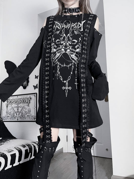 Black&White Emo Punk Cutout Shoulder Skeleton And Letter Print Long Sleeves Top