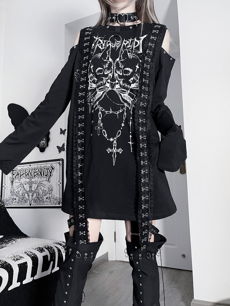 Black&White Emo Punk Cutout Shoulder Skeleton And Letter Print Long Sleeves Top