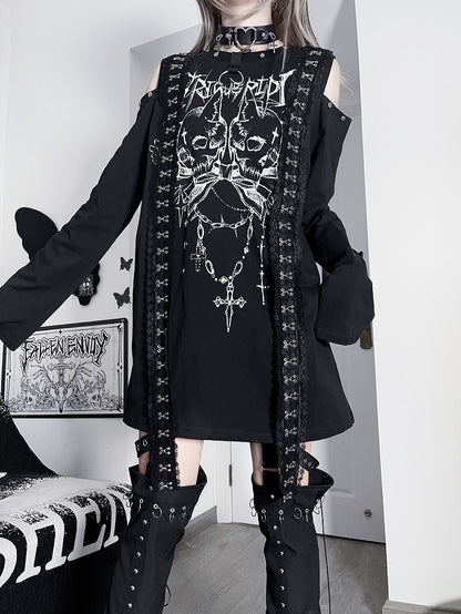 Black&White Emo Punk Cutout Shoulder Skeleton And Letter Print Long Sleeves Top