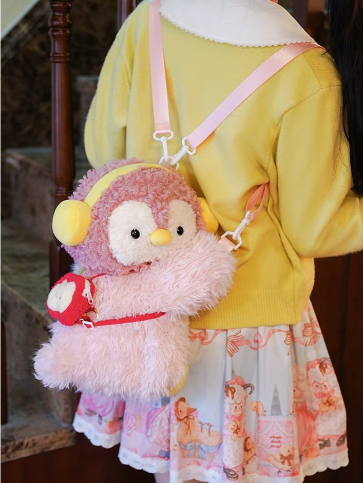 Pink Cute Penguin Plush Backpack/Crossbody Bag + 2 Options Keychain Middle/Large Size