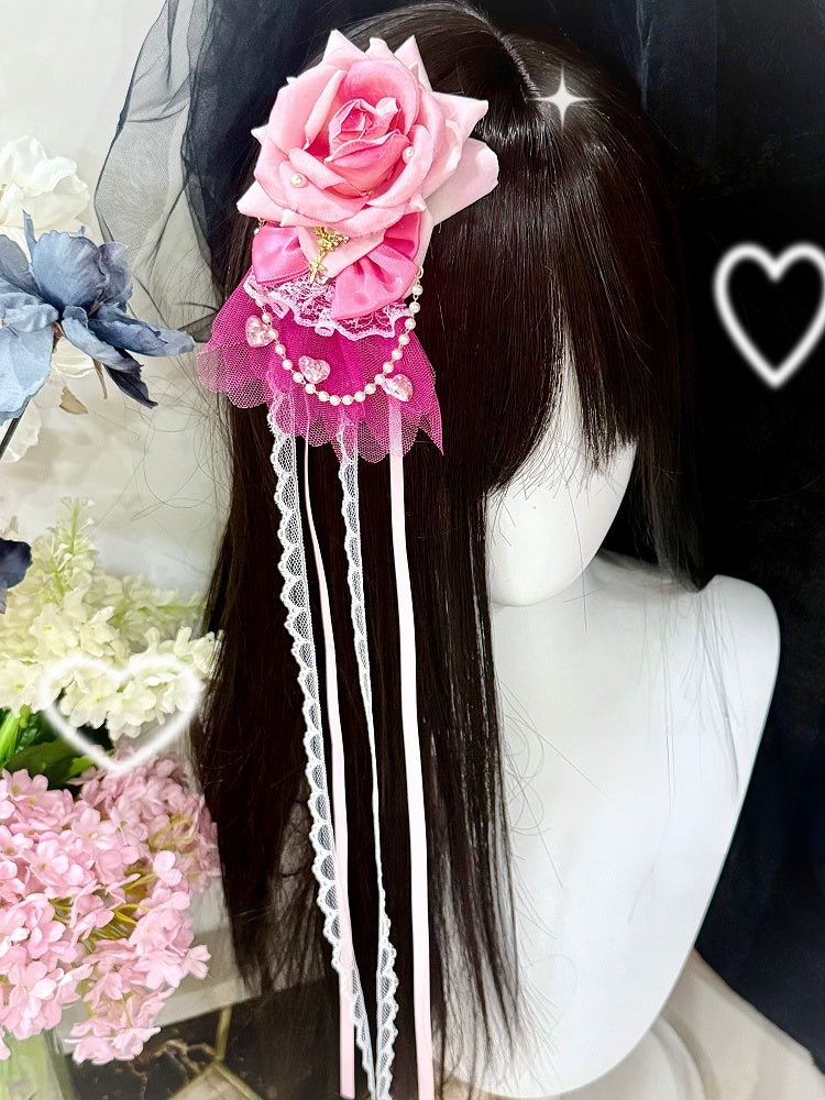 Pink Beaded Charm Floral Hairclip/Choker/Bracelet