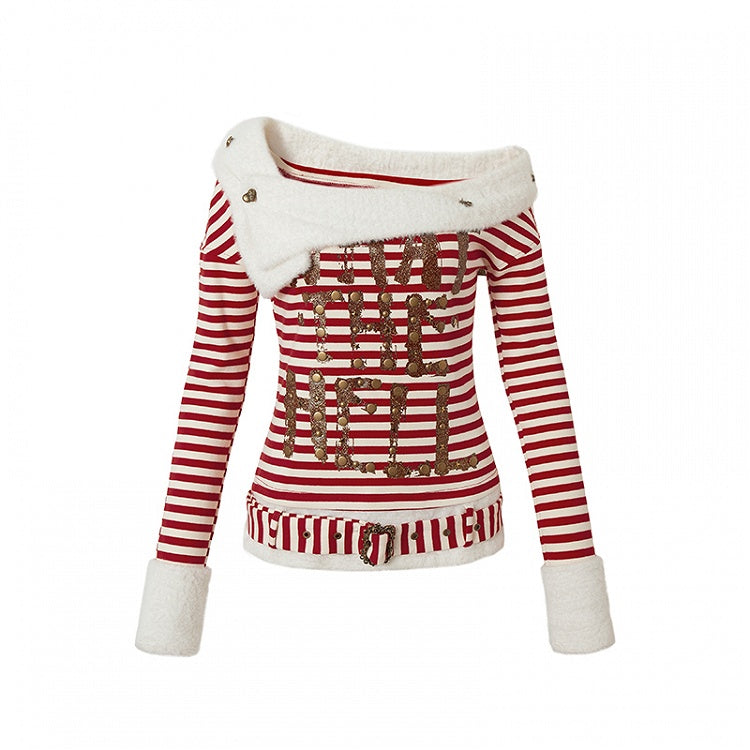 Red&White/Black&White Stripes Letter Print Top with Detachable Plush Collar