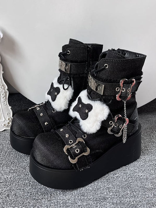 Buckle Straps Plush Bone Decorated Denim Black Punk Platform Boots