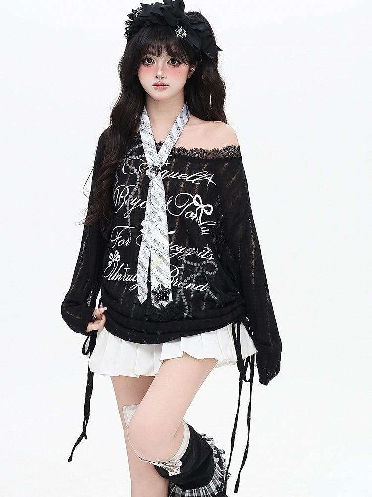 White/Black Letter And Bowknot Details Cutout Design Asymmetrical Neckline Long Sleeves Top