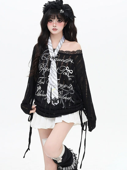 White/Black Letter And Bowknot Details Cutout Design Asymmetrical Neckline Long Sleeves Top