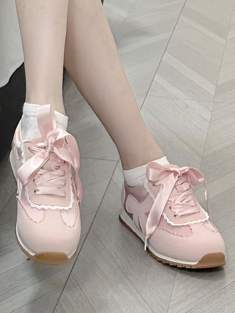 Pink Sweet Lolita Sneakers - Beads Decor Detachable Bow with Lace-Up Design