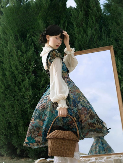 Green & Blue Floral Print Elegant Classic Lolita Dress with Lily Embroidery on the Chest