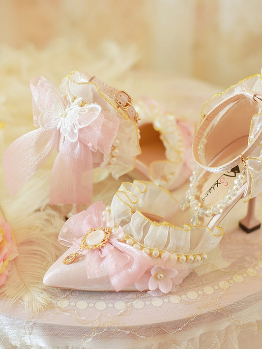 Pink Butterfly and Bowknot Beaded Chain Hime Lolita 5CM/8CM Heels