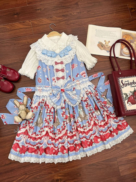 Strawberry and Bunny Print Blue Cottagecore Country Lolita Sleeveless Dress Bowknot Details at Waist
