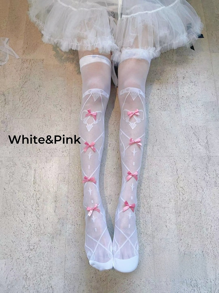 8 Colors Bowknot Details Crisscorss Banded Print Lolita Over Knee Stockings