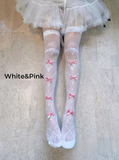 8 Colors Bowknot Details Crisscorss Banded Print Lolita Over Knee Stockings