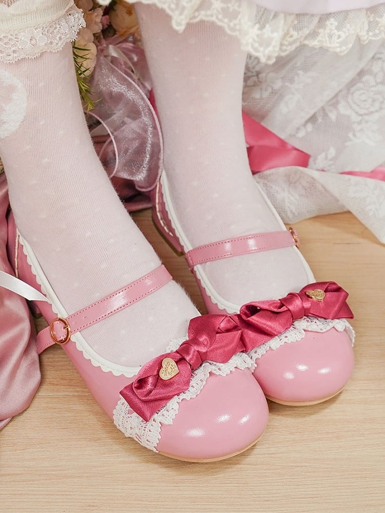 Elegant Rose Pink Lolita Low-heel Mary Janes - Heart Accent Bow, Lace Edging & Circle Buckle
