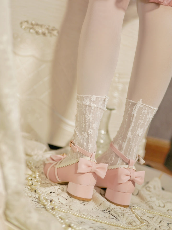 Baby Pink Heart Charm Bow at Top Lace Trim Crisscross Design Lolita Shoes