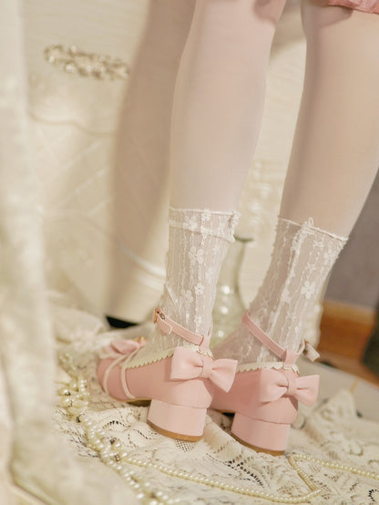 Baby Pink Heart Charm Bow at Top Lace Trim Crisscross Design Lolita Shoes