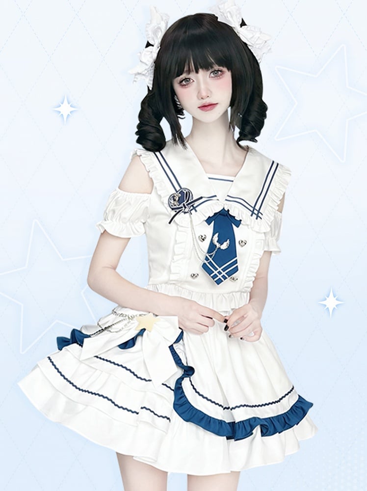 Sailor Collar Cutout Shoulder Top with Tiered Skirt White and Blue Preppy Style Idol Full Set