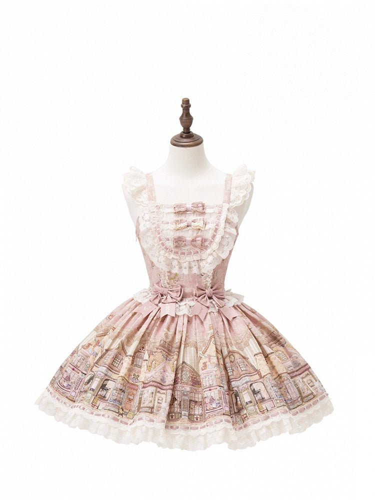 Pink Flutter Sleeves Sweet Lolita JSK Dress with Fairytale Town Print and Bow Accents