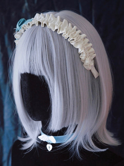 Side Blue PU Buckle White Cross and Pins Ruffled KC