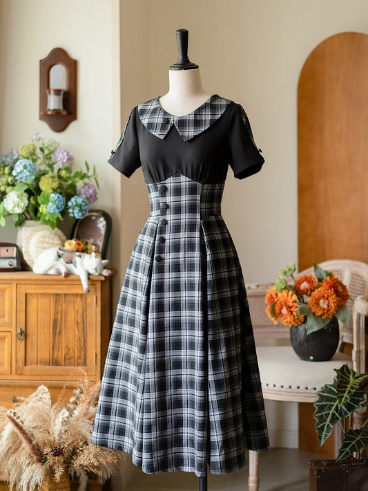 Slimming Black Retro Fashion Short Sleeves Plaid Dress