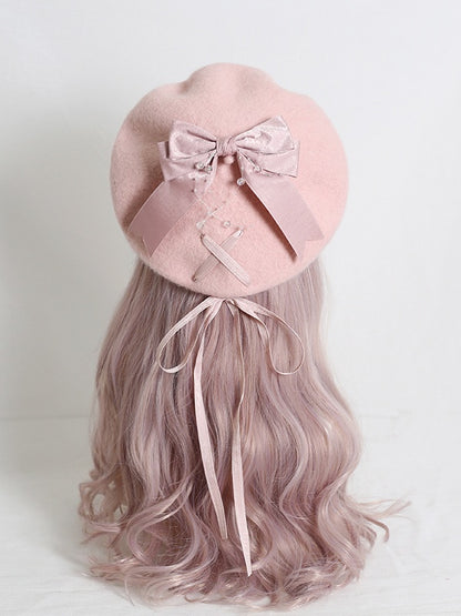 Sweet Lolita Pink Beret With 4-Color Optional Bowknot Ribbon