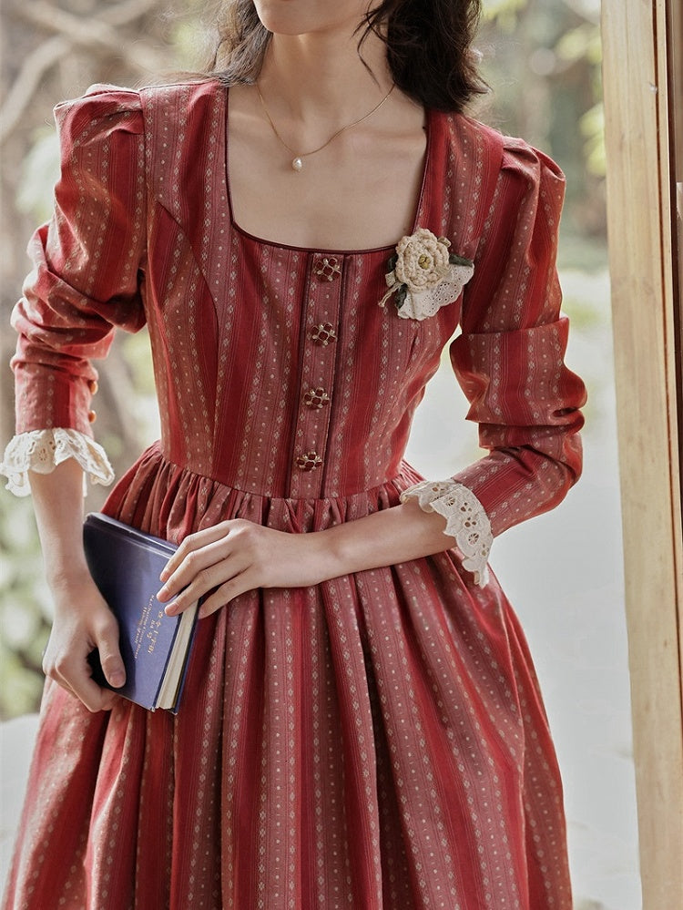 Red Vintage Striped Pattern Lace Trim Square Neckline Dress