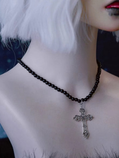 Silver Cross Pendant Gothic Black Beads Necklace
