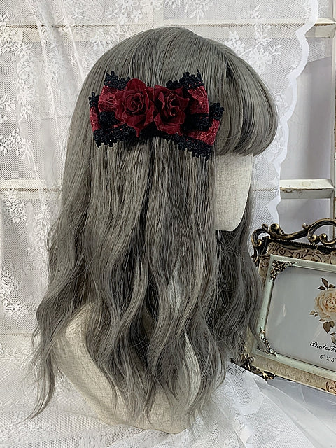 Black/Wine Red Floral Design Gothic Elegant Bowknot Hairclip/Tie