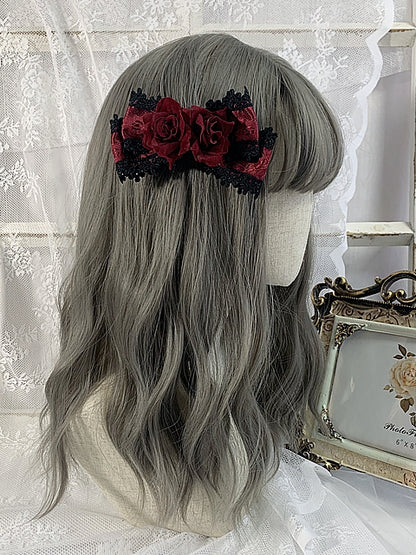 Black/Wine Red Floral Design Gothic Elegant Bowknot Hairclip/Tie