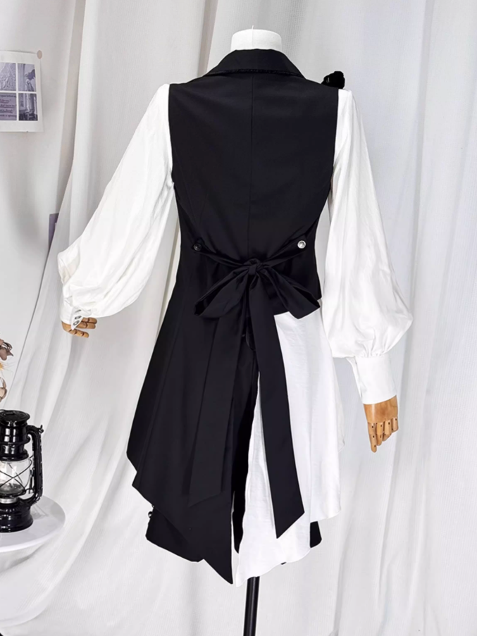 Ouji Lolita White and Black Eight-Piece Set - Asymmetrical Design Waistcoat + Shirt + Shorts + Matching Accessories