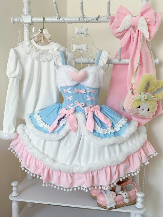 Plush Trimming Blue Sweet Lolita Dress for Autumn and Winter