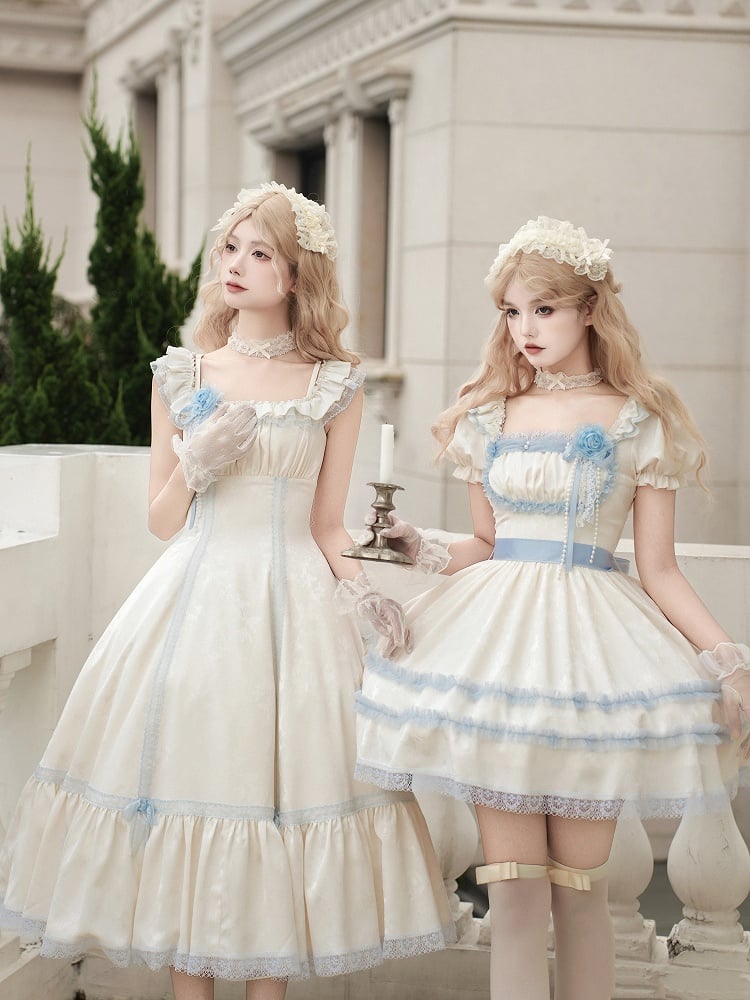 Beige and Light Blue Slim Fit Waist Versatile Neckline Lolita Dress