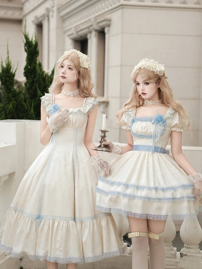 Beige and Light Blue Slim Fit Waist Versatile Neckline Lolita Dress