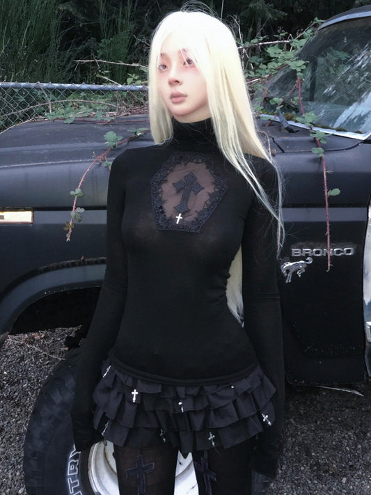Gothic Black Cross Charms Tiered Ruffles Skort
