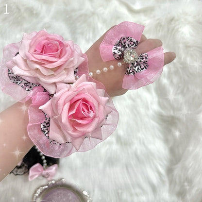 4 Options Floral Design Lace Trim Bracelet With Rhinestone Heart Decorated Bowknot Ring