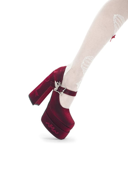 Bowknot Embroidery Butterfly-shaped Buckle Wine Red Platform Mary Janes High Block Heels