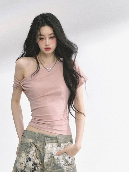 Navy Blue/Pink Asymmetrical Neckline Slim-fitting T-shirt