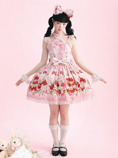 Strawberry Cake Print Pink Sweet Lolita Jumper Skirt