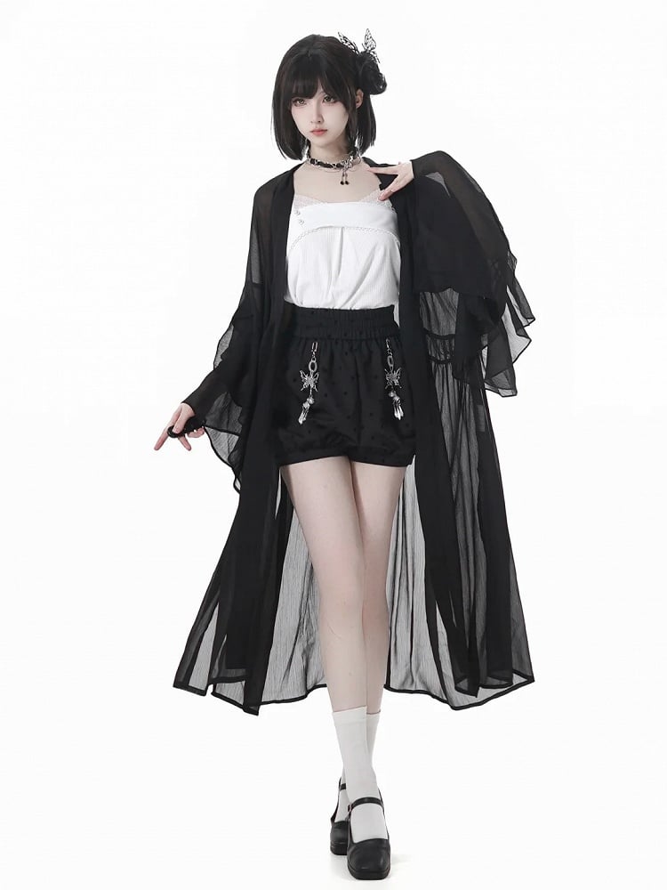 Black Cheongsam Style Polka-Dot Bubble Shorts with Butterfly Charms