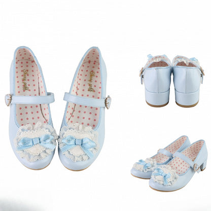 Blue Bow at Top Lace Trim Beaded Heart Buckles Lolita Shoes